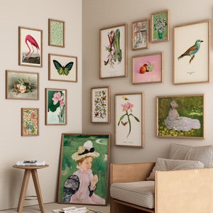 Cosy Cottage Gallery Wall Set of 15, Cottagecore Eclectic Art Bundle, English Cottage Dusty Pink and Sage Green Wall Art, Van Gogh Monet #S3