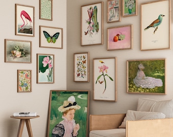 Cosy Cottage Gallery Wall Set of 15, Cottagecore Eclectic Art Bundle, English Cottage Dusty Pink and Sage Green Wall Art, Van Gogh Monet #S3