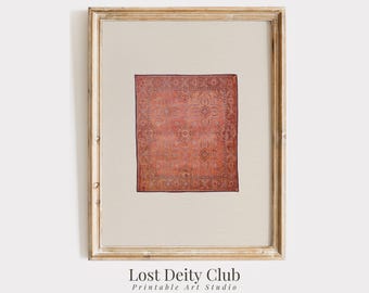 May include: A framed print of a vintage rug with a red, orange, and blue floral pattern. The rug is in a light wood frame.