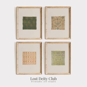 May include: Set of four framed prints featuring vintage fabric swatches with intricate patterns in shades of green, orange, and brown. The frames are a light wood colour.