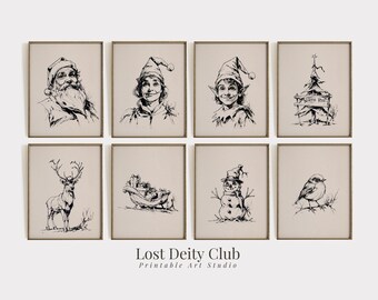 May include: Eight framed black and white illustrations with a Christmas theme. The images include Santa Claus, elves, a deer, a snowman, and a bird. The text "Lost Deity Club Printable Art Studio" is at the bottom.