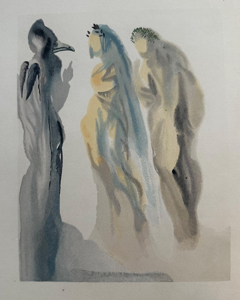May include: A watercolor painting of three figures. The figure on the left is a bird-like creature with a long beak and wings. The figure in the center is a woman with a crown of leaves on her head. The figure on the right is a woman with a crown of leaves on her head. The figures are painted in shades of blue, gray, and yellow.