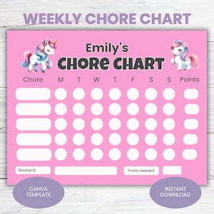 Unicorn Chore Chart for Girls: Editable Template & Reward Stickers (PDF Download)
