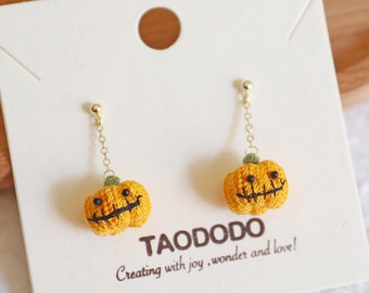 Handmade Crochet Pumpkin Earrings: 14K Gold Plated Halloween Dangle Earrings