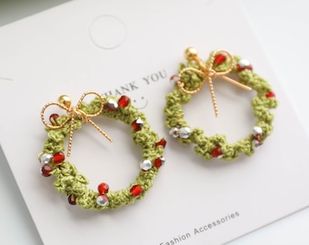Handmade Micro Crochet Christmas Wreath Earrings: 14K Gold Plated Studs