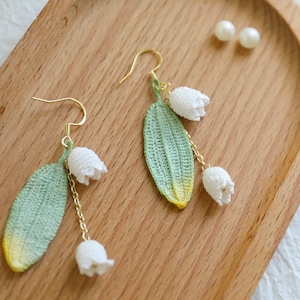 Handmade lily of the valley earrings，flower Earrings, dangle Earrings, handmade jewelry, Micro crochet, Drop Hook Earring , gift for her