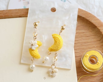 Micro Crochet Moon Earrings: 14K Gold plated Flower Dangle Earrings