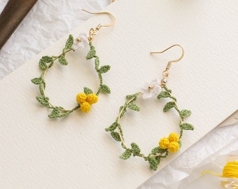 Micro Crochet Laurel Wreath Earrings: Floral Dangle Jewelry
