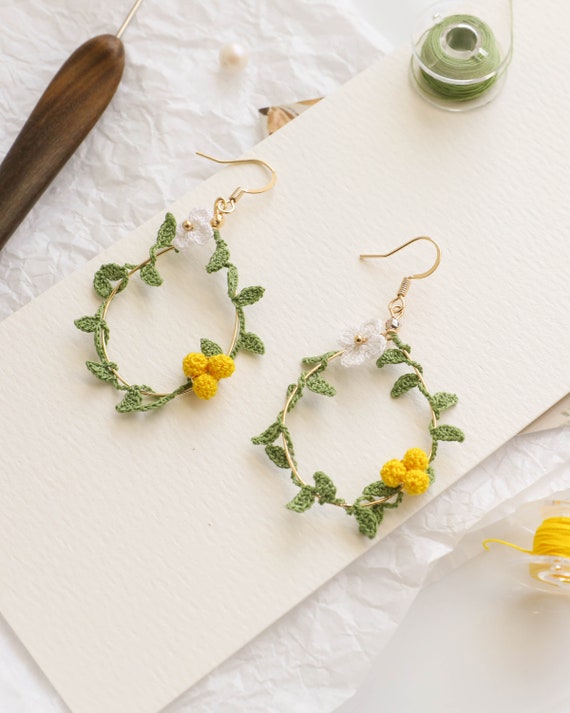 Micro Crochet Laurel Wreath Earrings: Floral Dangle Jewelry