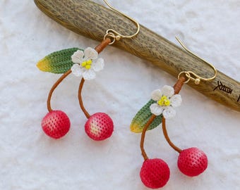 Crochet Cherry Drop Earrings: Handmade Fruit Dangle Jewelry