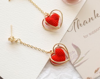 Red Heart Dangle Earrings: Micro Crochet, 14k Gold Plated