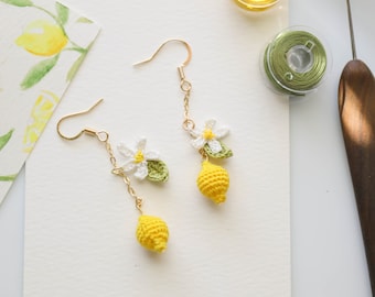 Micro boucles d'oreilles faites main au crochet, boucles d'oreilles pendantes citron, boucles d'oreilles au crochet, cadeau pour elle