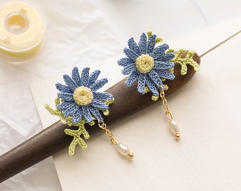 Handmade Daisy Earrings: Micro Crochet Flower Studs, 14K Gold Plated