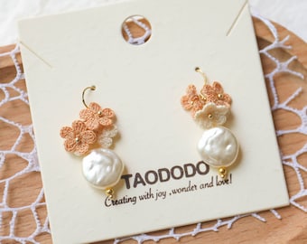 Handmade Crochet Flower Earrings: Pearl Dangle, 14K Gold Plated