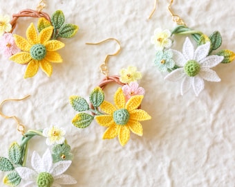 Crochet Flower Wreath Earrings, Lightweight Floral Jewelry