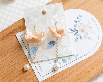 Handmade Crochet Flower Earrings: 14K Gold Plated Dangle Jewelry
