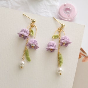 Lily of the valley earrings,Handmade micro crochet Earrings,Flower dangle earrings,drop earrings,Knitting handmade jewelry,gift for her