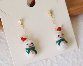 Crocheted Snowman Earrings: Handmade Christmas Dangle Earrings