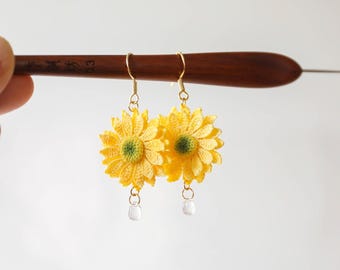 Crochet Daisy Earrings: Handmade Yellow Floral Jewelry