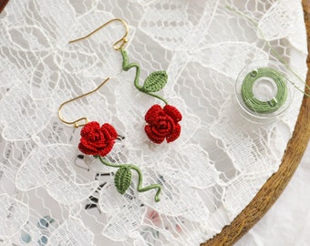 Handmade Micro Crochet Rose Earrings: 14K Gold Plated Dangle Jewelry