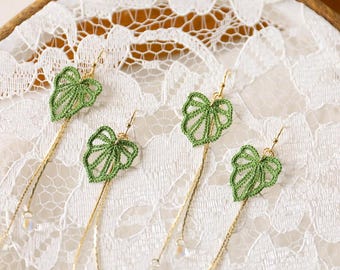 Crochet Monstera Leaf Dangle Earrings: 14K Gold Plated, Nature Inspired
