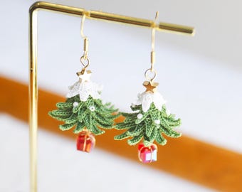 Handmade Crochet Christmas Tree Dangle Earrings 14k Gold Plated Festive Holiday Jewelry
