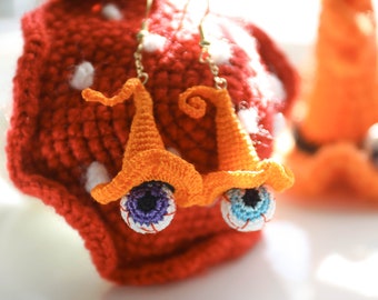 Handmade Micro Crochet Halloween Earrings: Witch Hat Eyeball Design