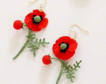 Handmade Crochet Poppy Earrings: 14K Gold Plated, Lightweight Floral Jewelry