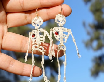 Crochet Skeleton Dangle Earrings: Halloween Skull Jewelry