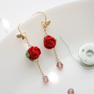 Handmade micro crochet Earrings, flower Earring, rose dangle Earring, gift for her,Valentine&#39;s Day gift for her
