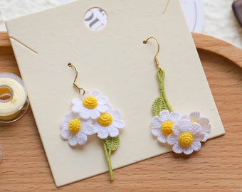 Handmade Crochet Chamomile Earrings: 14K Gold Plated Floral Dangles