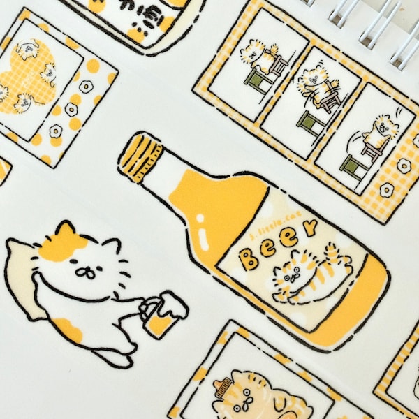 3.Little.Cat Masking tape (1 loop sample), Beer Cat 啤酒猫, Washi Tape for journal, scrapbook, planner decoration and gift wrapping