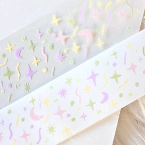 菜菜瑄瑄 Maskingtape (1 lusmonster), Green Star Grass 星星草地, doorzichtige PET/Washi-tape voor dagboek, plakboek, plannerdecoratie en cadeauverpakking
