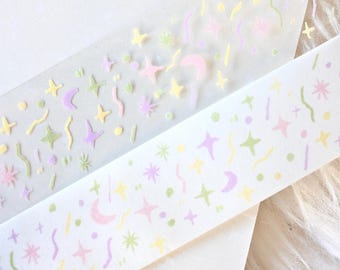 菜菜瑄瑄 Masking tape (1 loop sample), Green Star Grass 星星草地, Clear PET/ Washi Tape for journal, scrapbook, planner decoration and gift wrapping