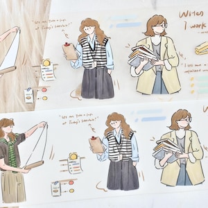 May include: Decorative washi tape featuring illustrations of a woman in various work-related scenarios. The drawings are in a cartoon style, with soft colors and handwritten text bubbles. The tape is ideal for scrapbooking and journaling.