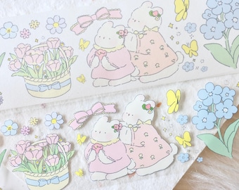 Free to Fly masking tape (1 loop sample), Blooming Flowers 有花开, clear PET/Washi Tape for journal, scrapbook, planner decoration