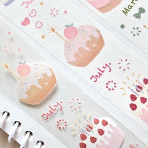 Maskingtape (1 lussteekproef), maand cake 蛋糕日和, doorzichtige PET/washi-tape voor dagboek, plakboek, plannerdecoratie en cadeauverpakking