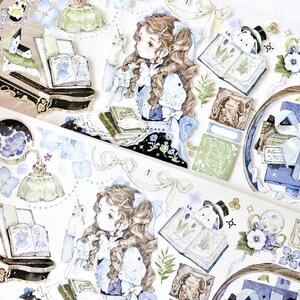 Neinei Illustration Masking tape (1 lusmonster), 读蓝的书室Reading Blue, Crystal PET/Washi Tape voor dagboek, plakboek, kaart en cadeaudecoratie