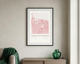 Plattegrond van Madison, Wisconsin, universiteitsstad · Muurdecoratie met de landtong van de Universiteit van Wisconsin · Afstudeercadeau voor Badger-studenten