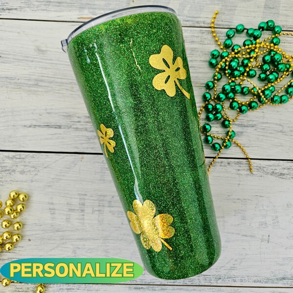 St Patrick's Tumbler Gold Shamrock Tumbler For St Patrick's Day Gift Her Green Glitter Shamrock Clover Tumbler Personalized Celtic Irish Cup