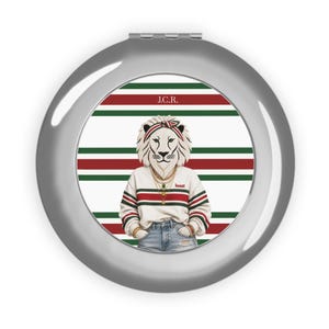 Miroir de voyage compact personnalisé | Lion en pull rayé | Miroir de maquillage à rayures rétro
