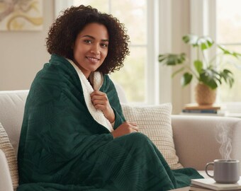 Emerald Lounge Tone-on-Tone Sherpa Blanket, Monstera & Palm Leaf Geometry Throw, Cozy Fleece, Modern Tropical Decor, Mon Palm Collection