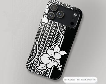 Funda para teléfono con diseño de perla de arena negra: hibisco polinesio, banda tribal e iniciales.