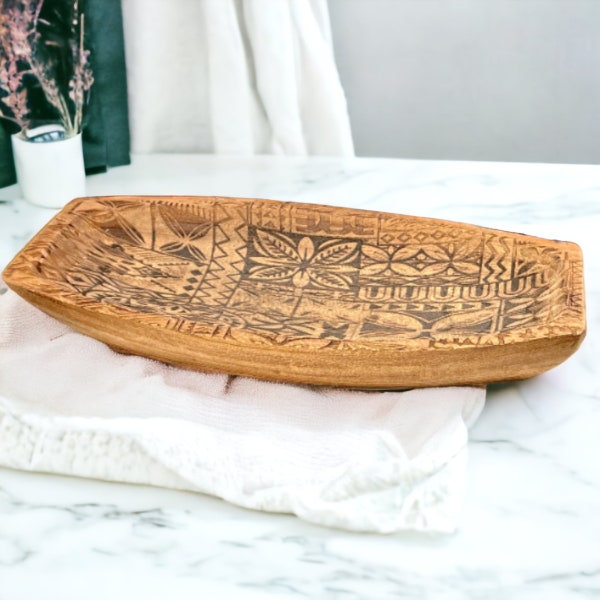 Polynesian Tapa Design Wooden Bread or Dough Bowl - Food-Safe Artistry for Your Home - Coordinating Pieces Available