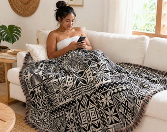 Black Ivory Woven Cotton Throw, Polynesian Tapa / Kapa Style Blanket with Colorful Fringe, Wall Tapestry Decor