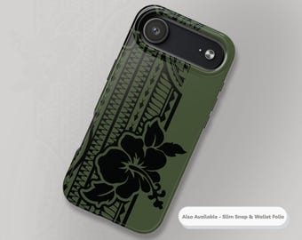 Palm Royale Tribal Hibiscus Case iPhone-Samsung Phones, Slim Snap, Tough 2-Layer, Wallet Flip Folio-Optional Personalization 1–3 Initials