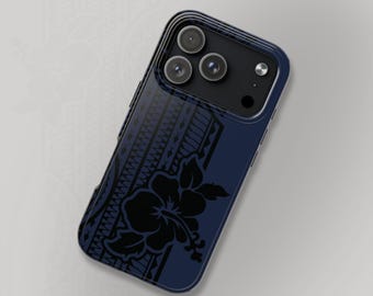 Midnight Moana Hibiscus Tribal Phone Case, Slim, Tough, or Wallet, Optional Initials
