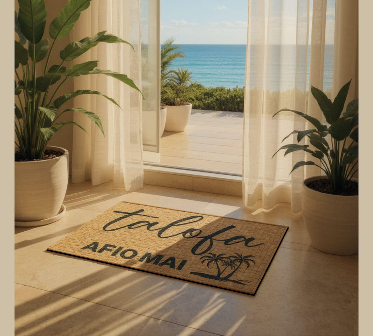 Talofa Welcome Mat: Polynesian Pandanus Leaf Design, Non-Slip Entry Rug - 18" × 27", No, thank you.