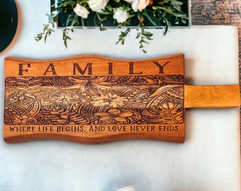 Engraved Acacia Wood Riser: Polynesian Floral Family Quote Decor