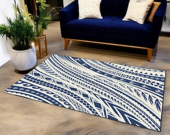 Navy Polynesian Floor Mat, Heavy-Duty Indoor Rug